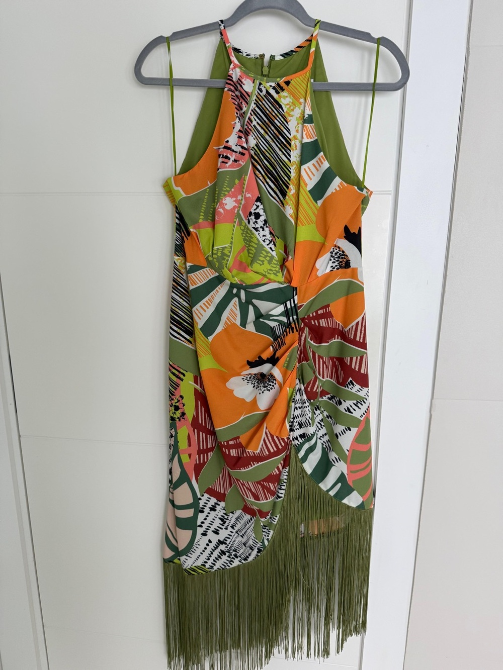 Tropical Print Fringe Hem Halter Dress in Olive & Multi